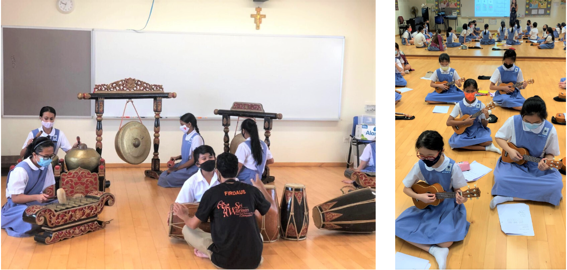 Students in uniforms and masks play traditional gamelan instruments in one class and ukuleles in another.